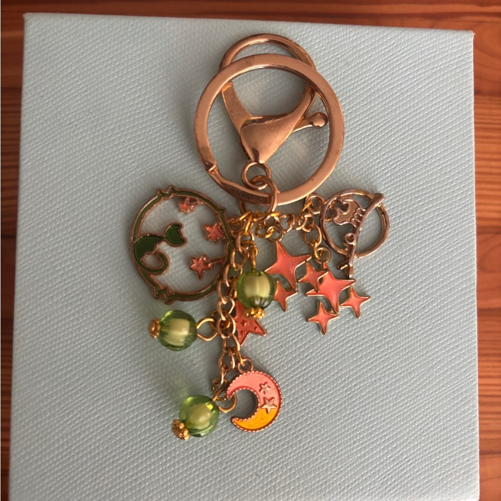 Cat and Stars Gold and Green Bag Charm Keychain